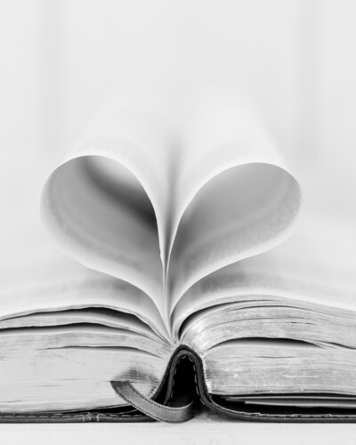 The Bible with Its pages forming a heart for our hearts behind JHP at Jennifer Hall Photography, LLC.