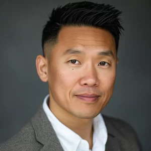 NJ corporate headshot of Asian male executive in blue suit by Alex Kaplan Photography