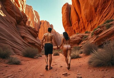Couple walking hand-in-hand through a stunning red rock canyon at sunset, part of a luxury romantic adventure road trip with Funki Adventures