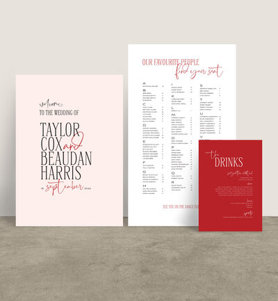 Big Love welcome, seating and bar sign  in peach, tangerine and pear colours