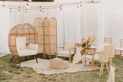 Boho Conversational Seating Area - Bre & Chris | Converted Basketball Court Wedding – Featured in Brides Magazine