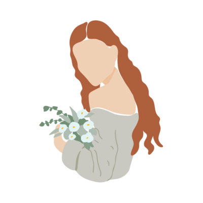 Illustration of long, red-haired lady holding bouquet of flowers.