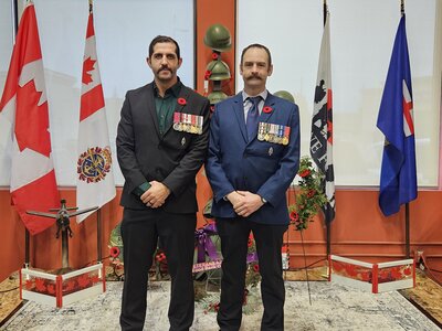 Justin Yaassoub and Dan McLuskie at Remembrance Day ceremony in uniform, honoring military service