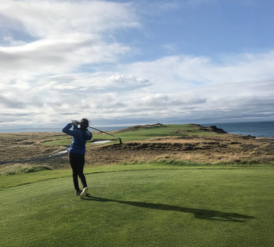 Renee O’Higgins, PGA and LPGA golf instructor playing golf in Ireland.