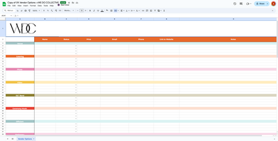 Screenshot of The We Do Collective's  Vendor Options Spreadsheet Template