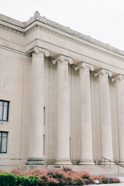 Photo of the outside of the Nelson-Atkins Museum of Art. Photo by Kansas Wedding Photographer.