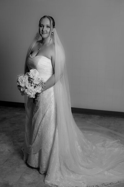 Stunning black and white bridal portrait of Akron winter wedding