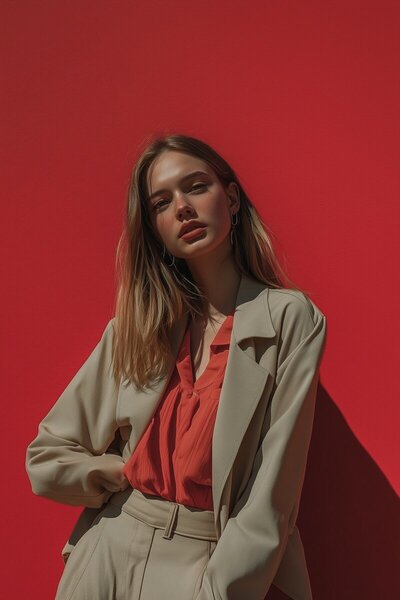 Woman in Beige Suit with Red Backgroundresize