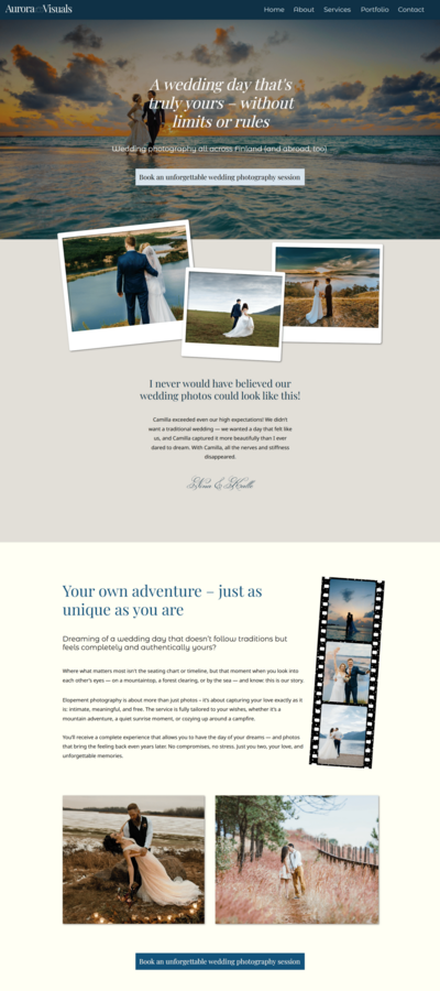 esimerkki nettisivupohjasta, mikä on suunniteltu hääkuvaajille
