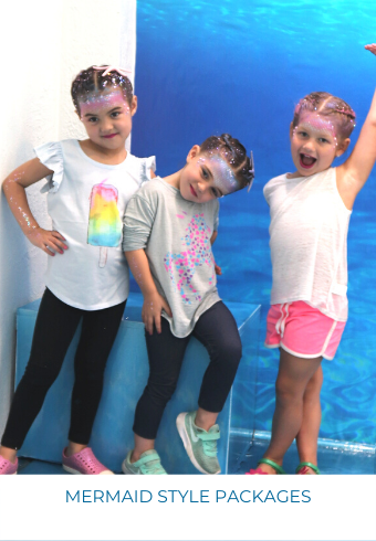 3 girls with Bowfish Studios Mermaid Style Package Mermaid Makeovers. Each with Mermaid scale makeupm starfish hair clip, & glitter