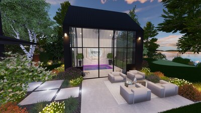 Waterfront spa structure with floor to ceiling glass windows and entertainment system.
