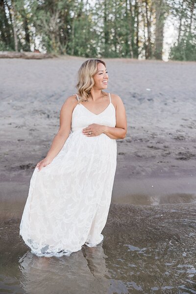 Woman on Columbia River Beach in white dress in PDX