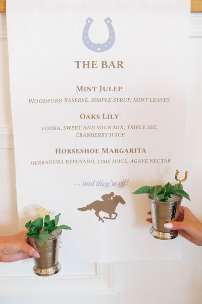 Fabric banner bar sign with two hands toasting mint juleps