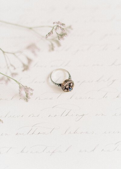 a wedding letter lies elegantly on a flat surface with a wedding ring placed on top. The letter is beautifully handwritten on fine, ivory-colored stationery, with the heartfelt words of love and commitment clearly visible. The wedding ring, a classic band with a delicate shine, rests atop the letter, symbolizing the promise and union it represents. The ring's polished surface reflects light, drawing attention to its simple yet profound significance. Surrounding the letter are subtle decorative elements, such as a sprig of greenery and a few delicate petals, adding a touch of natural beauty to the scene. The soft lighting casts gentle shadows, creating a warm and intimate atmosphere that emphasizes the sentimental value of the letter and the ring.