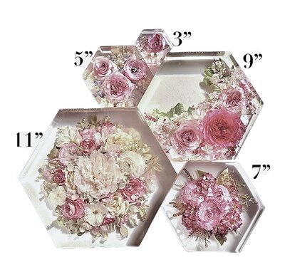 different hexagon resin block sizes next to each other 