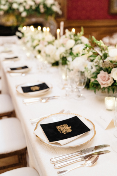 Gold foil black velvet wedding dinner menus