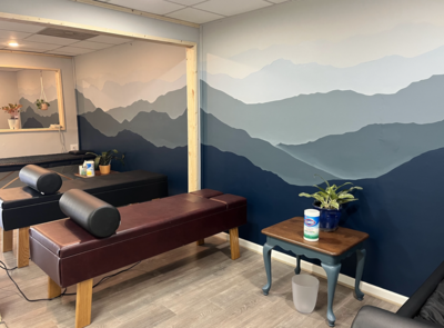 Thrive's therapy bay, featuring a Blue Ridge Mountain mural, painted by a local Easley artist.