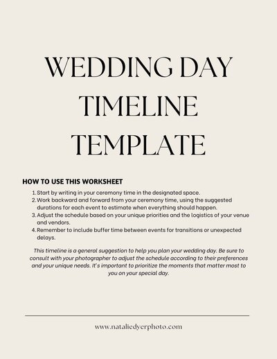 Editable wedding timeline worksheet to plan ceremony, reception, and photo sessions, with customizable time slots for each event.