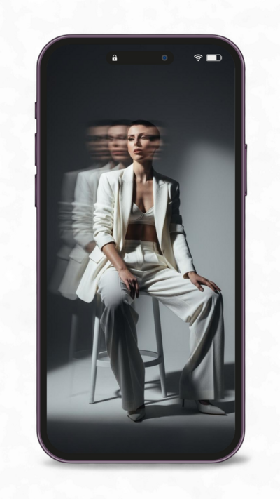 Mobile mockup featuring Jasmina Kimova in motion blur, representing the Quantum Leap Energy podcast on personal reinvention and visionary storytelling.