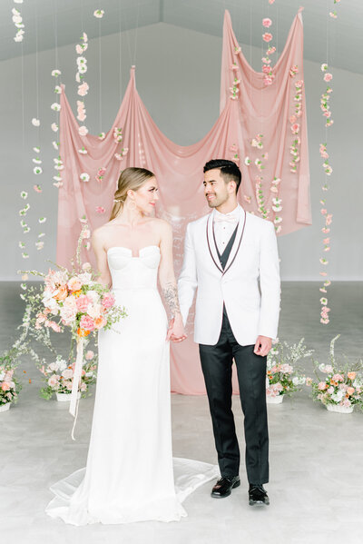 Spring colour palette of blush and peach, wedding inspiration at Tin Roof Event Centre, a modern wedding venue in Lacombe, Alberta, featured on the Brontë Bride Blog.