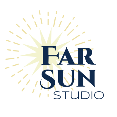 the logo for far sun studio dark blue text over a yellow sun surrounded by light rays