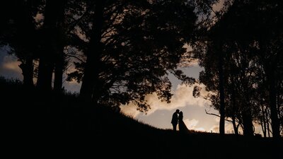 A couple silouetted against the sky in a wedding photograph taken by Tashina Narelle, a Waikato and Auckland wedding Photographer based near Bombay