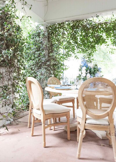 Affordable luxury event rentals featuring a stylish blue and white decoration collection. This elegant setup is perfect for creating a sophisticated and memorable atmosphere for various events.