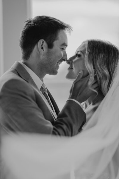 Black and white photo of Wichita, Kansas bride and groom, clients of wedding planners Blush Events. 