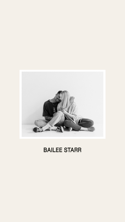 Bailee Starr photograph with simplified logo underneath on a cream background