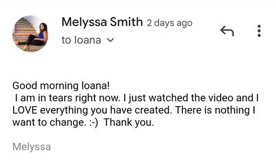 Screenshot of a love note from a client to Ioana about her designs