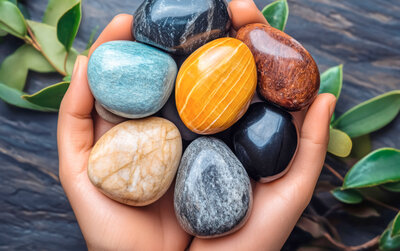Tumbled stones being held in palms of hands together. 