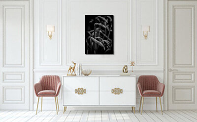 Limited Edition Fine Art Botanical Photography Aluminum Print Black and White closeup of flowers still in bud title Calrion hanging on wall above dresser and between two chairs