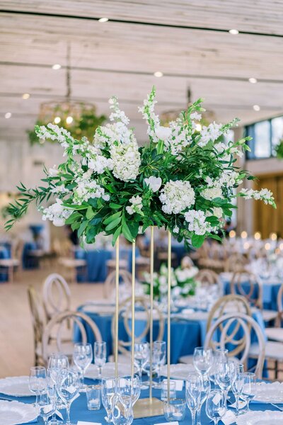 french blue and white wedding reception decor
