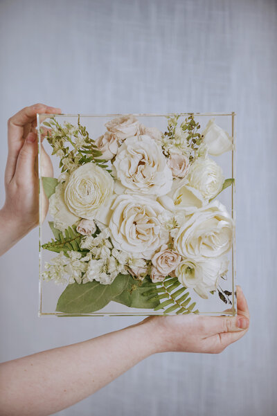 white wedding bouquet preserved in resin square