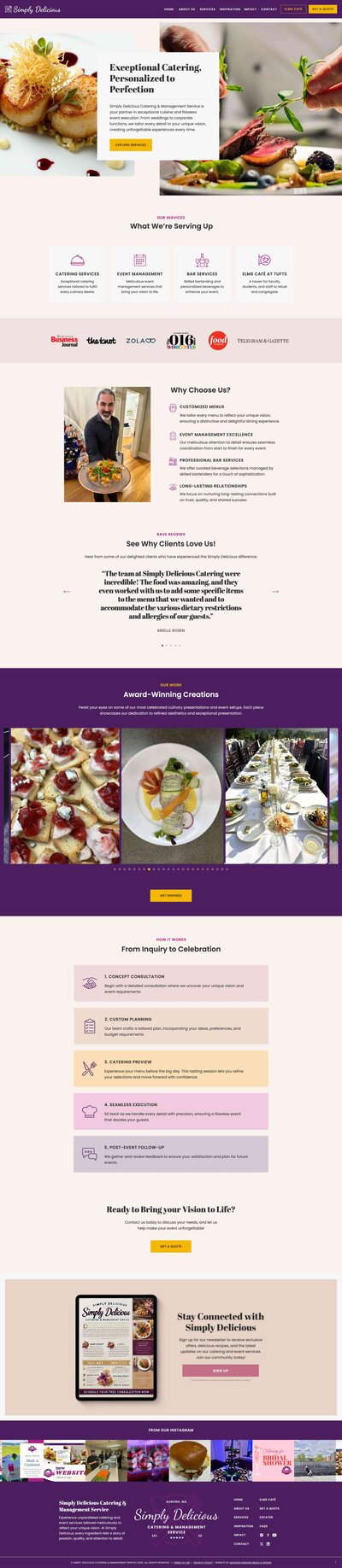 Desktop mockup of the Simply Delicious Catering website featuring vibrant food imagery and a bold eggplant-and-gold color palette.
