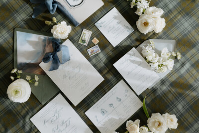 wedding invitation with ribbon, vellum and custom envelope liner