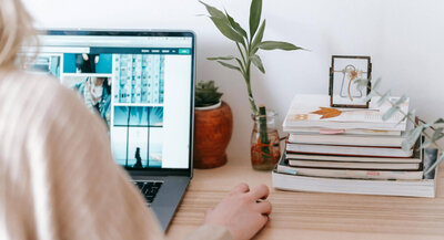 A person sitting at their desk on the computer, with a plant and a stack of books