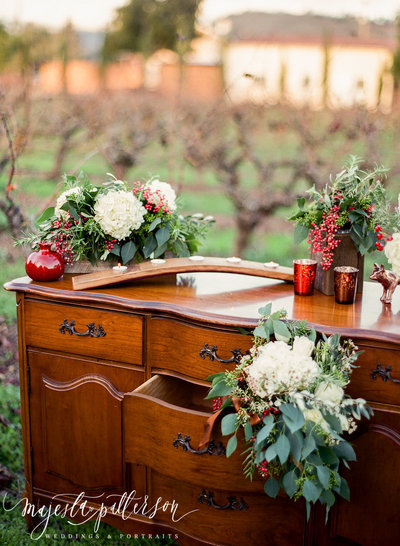 Pomegranate and Wood themed shoot, dessert buffet in a grape field at winery