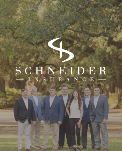 schnedier insurance logo overlay company photo of producers outside with oak trees in the background