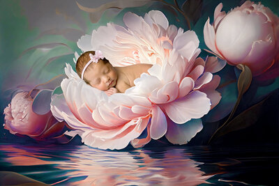 newborn girl sleeps on her belly for a portrait inside a pink flower