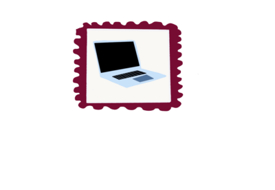 postimerkki-ikoni, jossa punaiset reunat ja läppäri keskellä