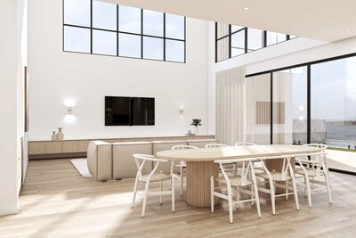 Solis – A luxury modern home by NXTgen Construction featuring an open plan living and dining area with floor-to-ceiling windows and waterfront views.