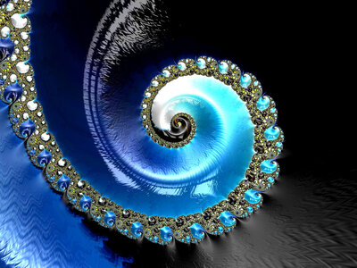 A sparkling spiral fractal in royal blue, aqua, black and white