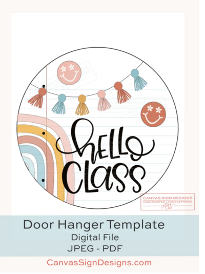 Round  door hanger template with hello class hand lettered in black with retro rainbow and smiley faces