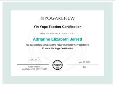20 Hour Yin Yoga Certificate from YogaRenew for Adrianne Jerrett