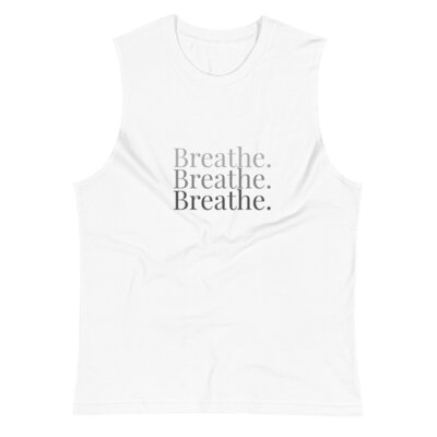 The white  Chaos & Calm Breathe unisex-muscle-shirt in merch shoppe