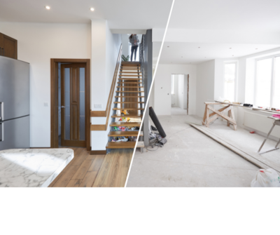Split-view of kitchen before and after renovation in Yarmouth, NS

