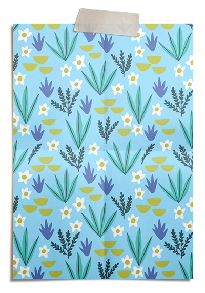 Blue southwest pattern with succulents and flowers. Designed by Jen Pace Duran of Pace Creative Design Studio