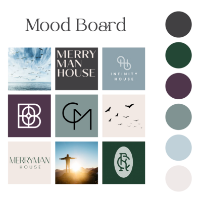 Merryman House branding mood board with fonts, colors, photos, icons design by Amanda Newman Design in Paducah, Kentucky