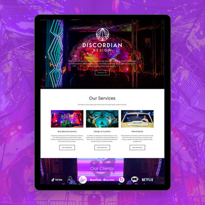 Discordian Design Colorful Website Design Shown on a tablet displayed on a purple background